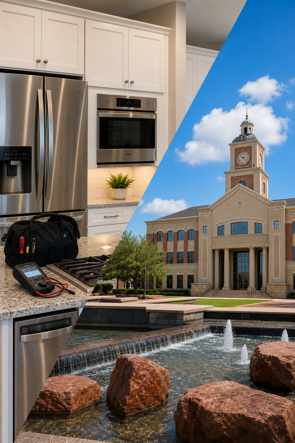 Appliance repair kitchen and Sugar Land Town Square landmark