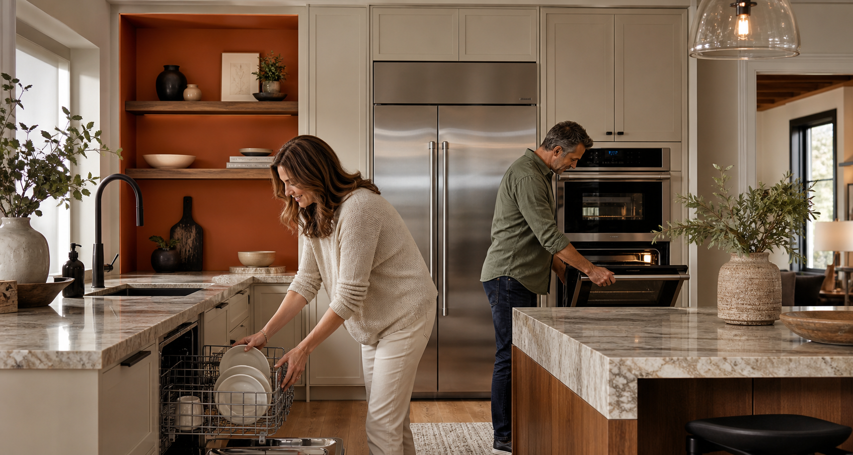 Middle-aged couple using kitchen appliances in a warm kitchen with a terracotta design insert