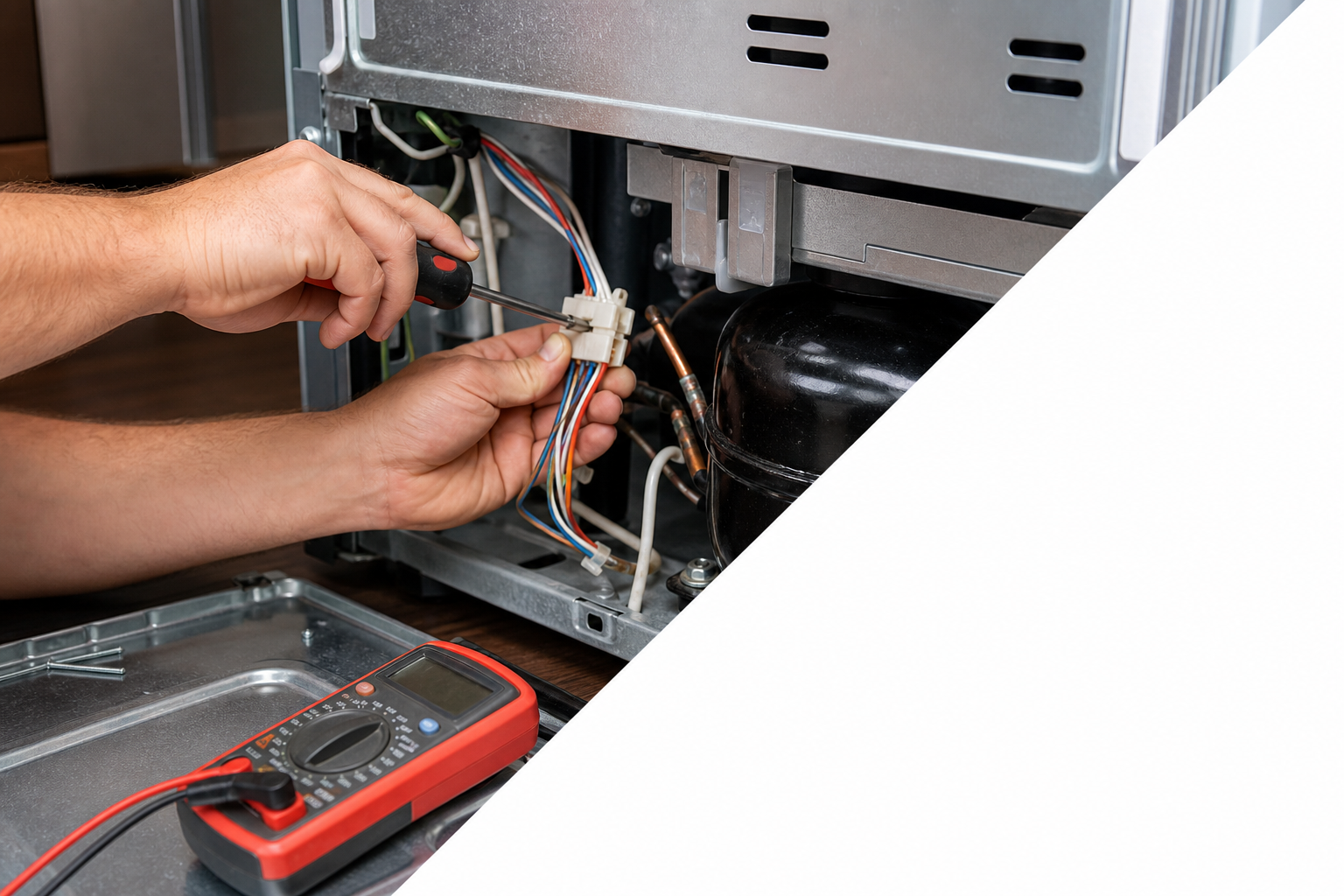 Hands repairing a refrigerator during appliance diagnostics
